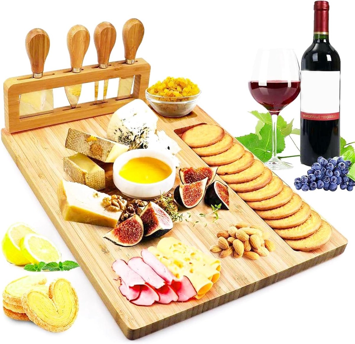 Houten Kaasplank met Kaasmes, 35 x 27 cm, Ideaal voor Kaas, Hapjes en Snacks, Serveerschotel voor Feestjes en Borrelplanken