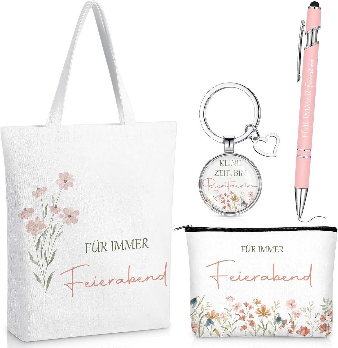 Geschenkset Pensioen voor Vrouwen: Make-uptas, Sleutelhanger, Pen en Tas