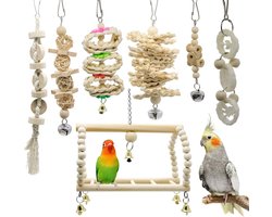 Deloky 7 stuks vogelpapegaai schommel kauwspeelgoed - hangende bel vogelkooi speelgoed geschikt voor kleine parkieten, valkparkieten, conures, vinken, parkieten, ara's, papegaaien, liefdesvogels