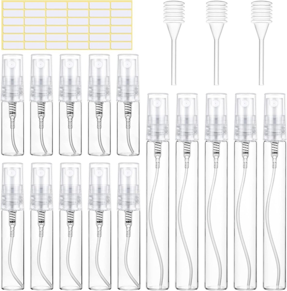 15 Stuks Lege Parfum Sprayflessen, Navulbare Mini Sprayflessen voor Reizen, Transparante Flesjes met Pipetten en Drukknop, 2,5 ml/7 ml/10 ml