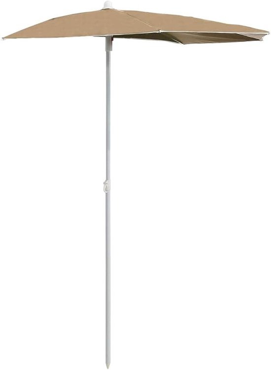 Bruine parasol met een lichtgrijs stalen frame.