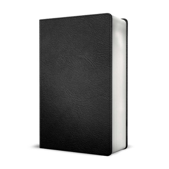 Een grote zwarte lederen bijbel met vergulde randen en leeslint.