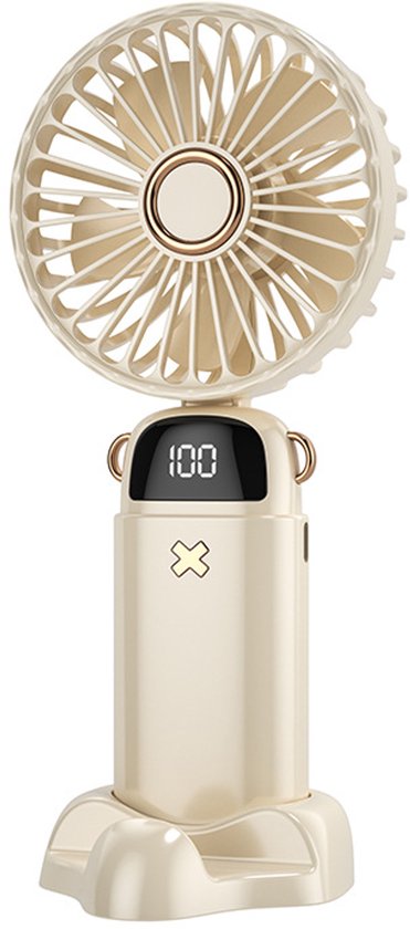 Draagbare mini ventilator met 5 snelheden, stille werking, batterij-indicator, led-scherm, inklapbaar handvat, telefoonhouder