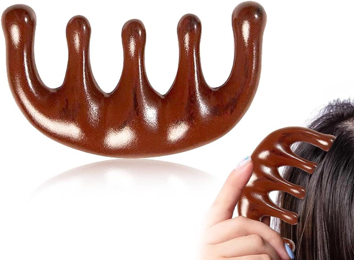 Houten Massagekam - Hoofdhuidkam - Hoofdhuidmassage - Gebogen Tandontwerp - 9 x 5 cm - Houtkleur