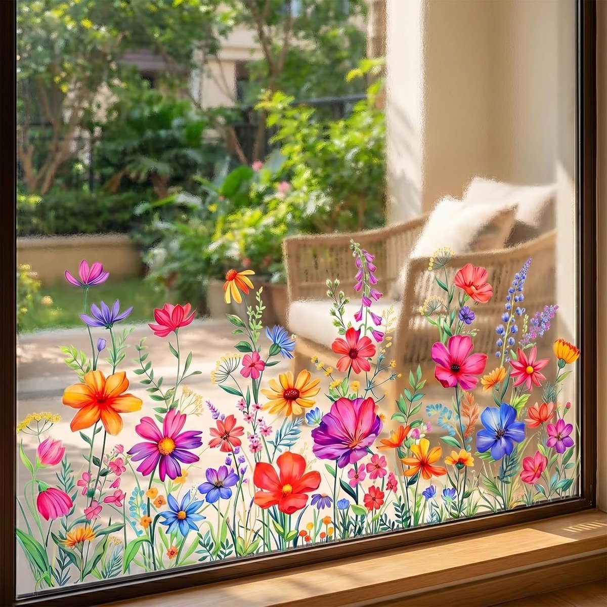 Bloemen raamstickers 60 x 30 cm, dubbelzijdige folie met wilde bloemenmotieven voor thuis,