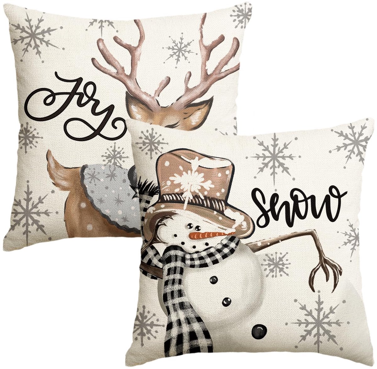 aladdien - Sneeuwmannetje - Kerstmis Kussenslopen - 2-delig - 45x45 cm - Rendier - Zierkussen voor Woondecoratie - Beige