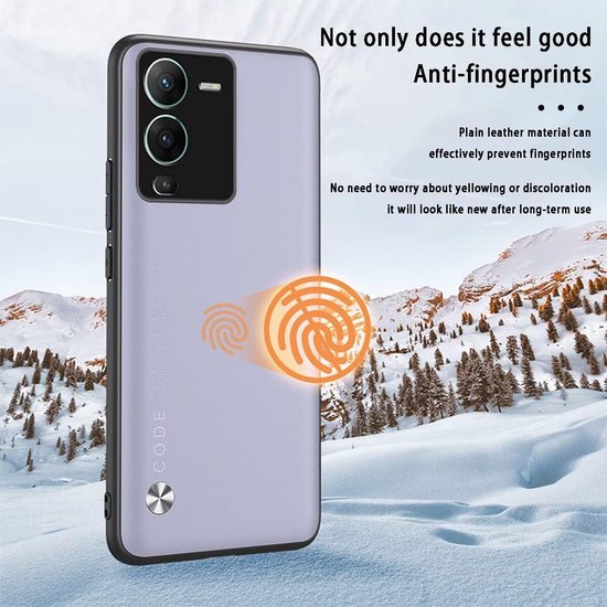 Lichtpaars telefoonhoesje met anti-vingerafdruk functie, met de tekst "Not only does it feel good"