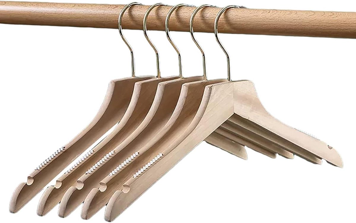 Kledinghangers Hout - Set van 10 - Kleding Opbergen - Met Trouser Bar - 38 cm - Natuurlijk Hout