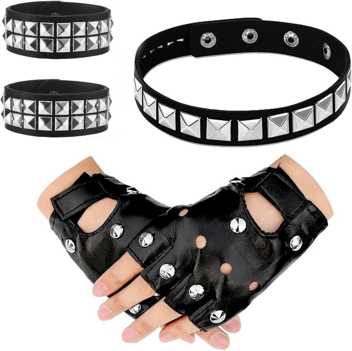 Punk Accessoires Set met Armband, Handschoenen en Kraag voor Gothic Kostuum - Verstelbare Rivet Armband en Kraag, Zwart, One Size