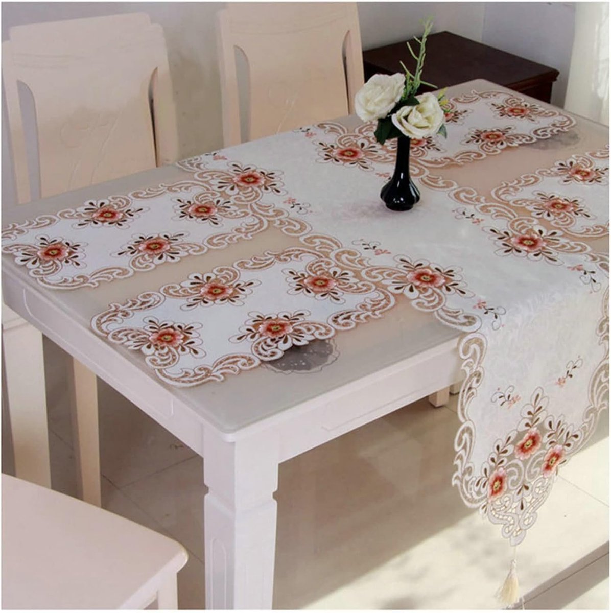 Tafelloper Katoen - Decoratieve Runner - Tafel Aankleden - Wit Geborduurd - 40x176CM - Groen