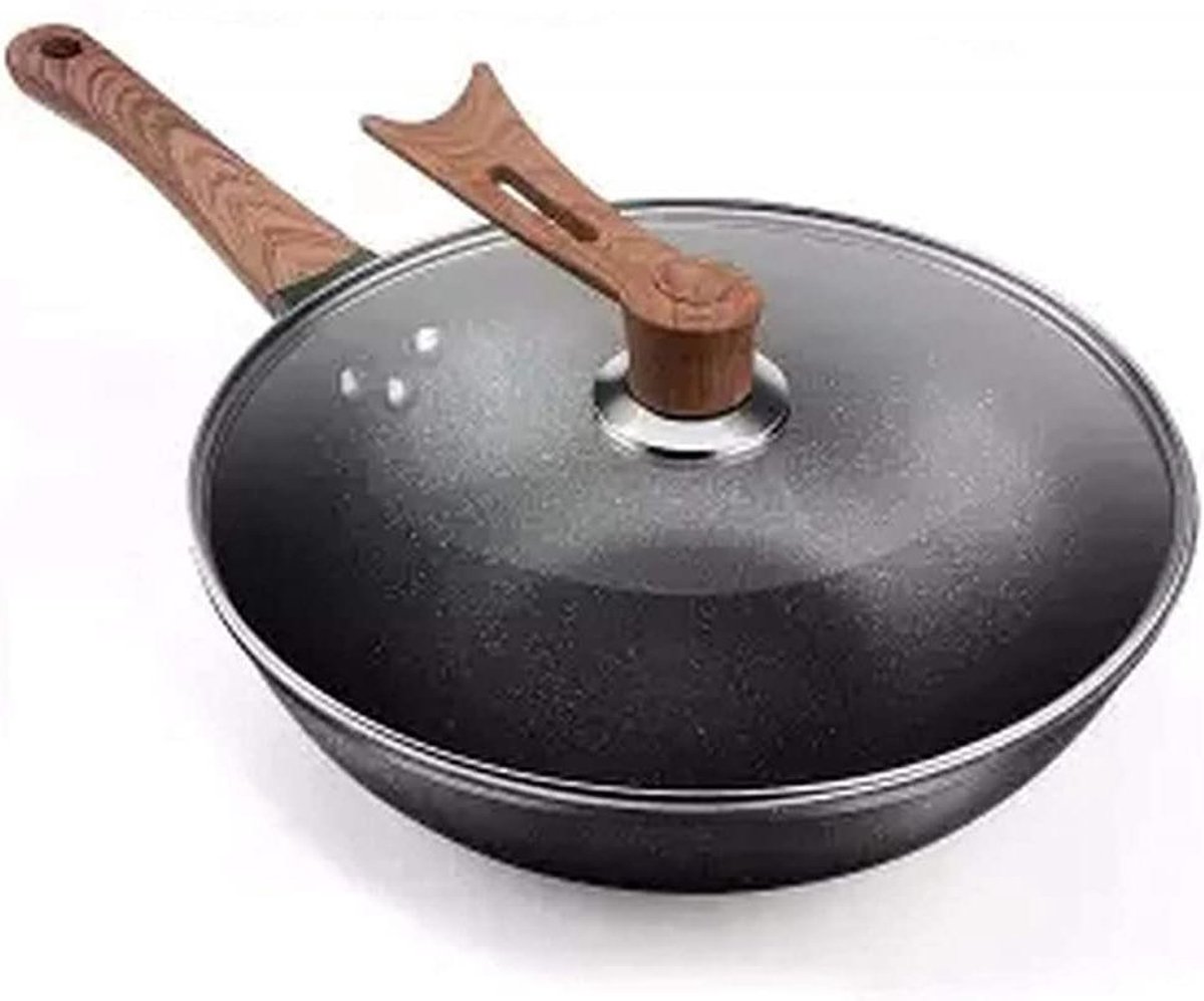 Wok Pan - Kookpot - Thuis Koken - Handgemaakt Gietijzer - 32 cm - Zwart
