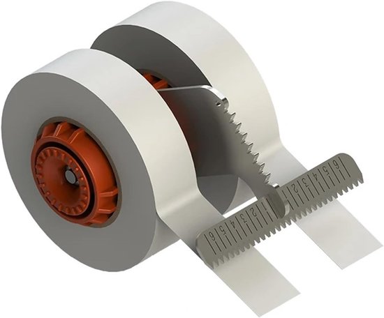 Een tape dispenser met twee witte tape rollen, oranje kunststof delen en een metalen snijder met schaalverdeling.