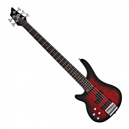 Linkshandige rode en zwarte basgitaar met 4 snaren, zichtbaar vanaf de kop tot de body.