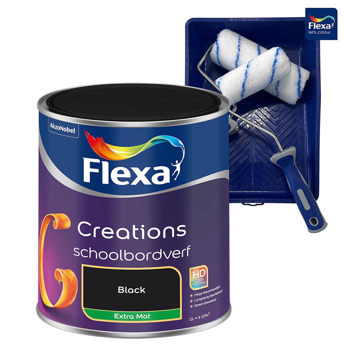 Voordeelpakket Flexa Creations - Muurverf Schoolbordverf - True Black - 1 Liter + Muurverf Roller - 5 Delig