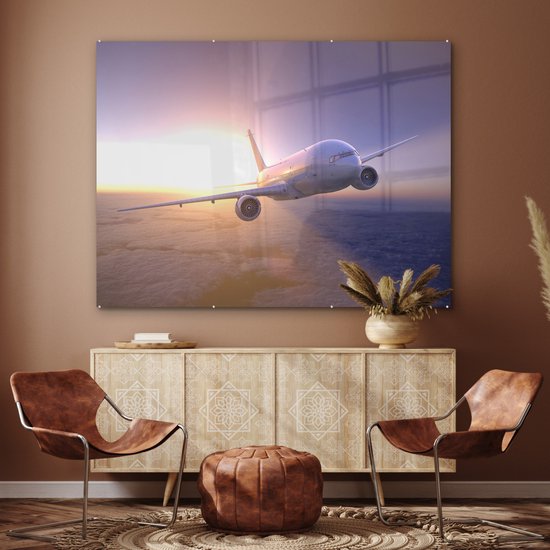 Un avion volant au-dessus des nuages au coucher du soleil Plexiglas 160x120 cm - Tirage photo sur verre (décoration murale plexiglas) XXL / Grand format!