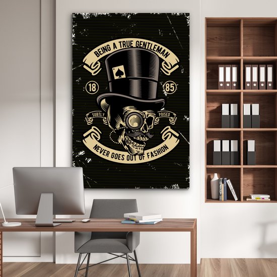 Aluminium schilderij 100x150 cm - Wanddecoratie metaal - Doodskop - Hoed - Retro - Tekening - Metalen muurdecoratie woonkamer - Decoratie industrieel - Foto op dibond - Industriële accessoires slaapkamer