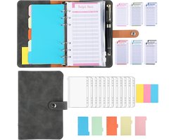 Budget Planner, A6, PU Leather Budget Binder, Financial Planner with Budget Sheets, Bags, Partitions and Self-Adhesive Notes for Planning and Financial Management (Grey)