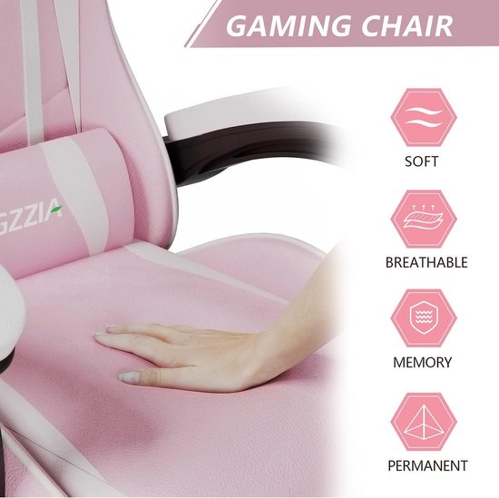 bigzzia Gamingstoel, Gamingfauteuil met hoofdsteun en lendensteun, Ergonomische gamingstoel voor gameroom, tieners, volwassenen (roze) — afbeelding 5