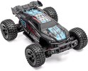 Zwarte RC monster truck met blauwe en rode opdruk 'Troublemaker 88', grote off-road banden en spoiler.