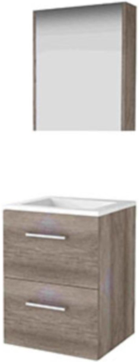 Basic-Line Comfort 46 Badkamermeubelset - 50 x 46 cm - Met Grepen - 2 Lades - Acryl Wastafel - Zonder Kraangat - Spiegelkast - Scotch Oak