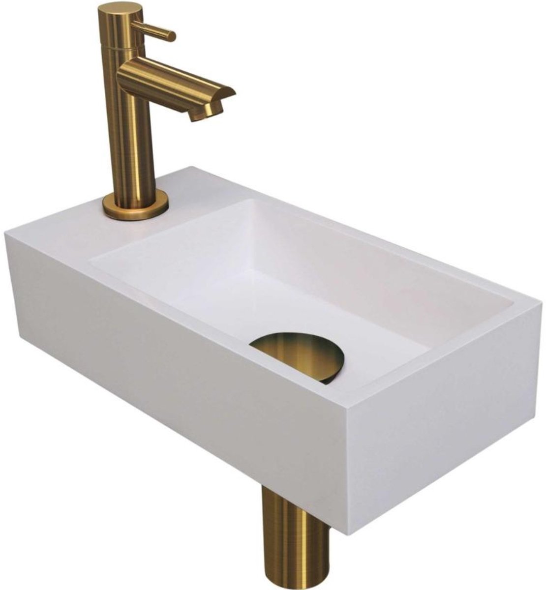 INK - Fonteinpack Polystone Links incl. Fonteinkraan - Design Sifon - Design Plug en Montageset - 360x180x90 Mm - Glans Wit/mat Goud