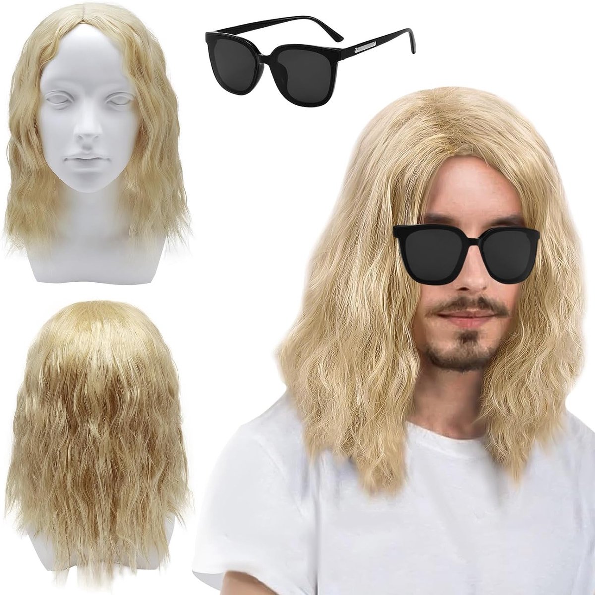 Lang Lichtblond Perk Haar voor Mannen, 16'' / 40 cm, Krullend Haar, Zonnebril, 70s 80s 90s Hippie Kostuum, Halloween Cosplay Accessoire