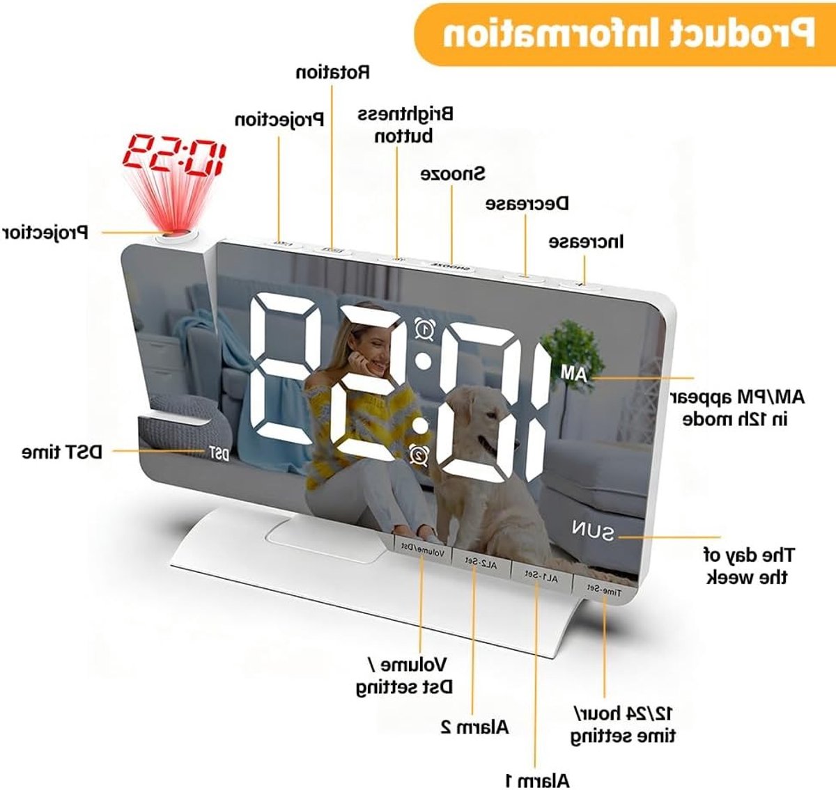 Digitale Projectie Wekkerradio met 180° Draaibare Projector, USB-C Aansluiting, Dimbare Verlichting en 11 Kleuren LED Display voor Slaapkamer en Muurdecoratie – foto 2