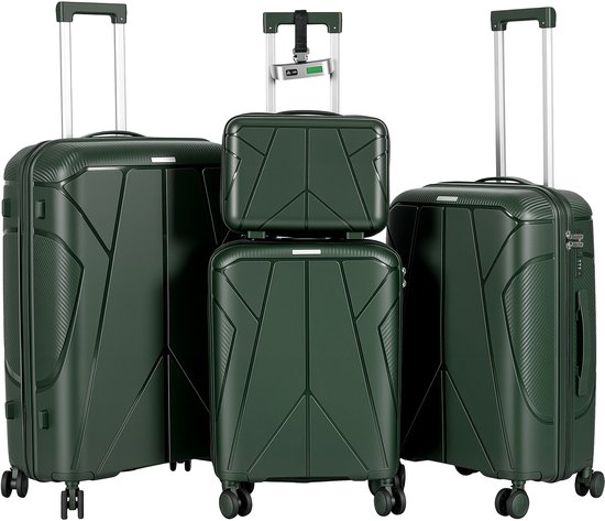 Set van drie donkergroene koffers met wielen en handvatten, en een bijpassende beautycase.