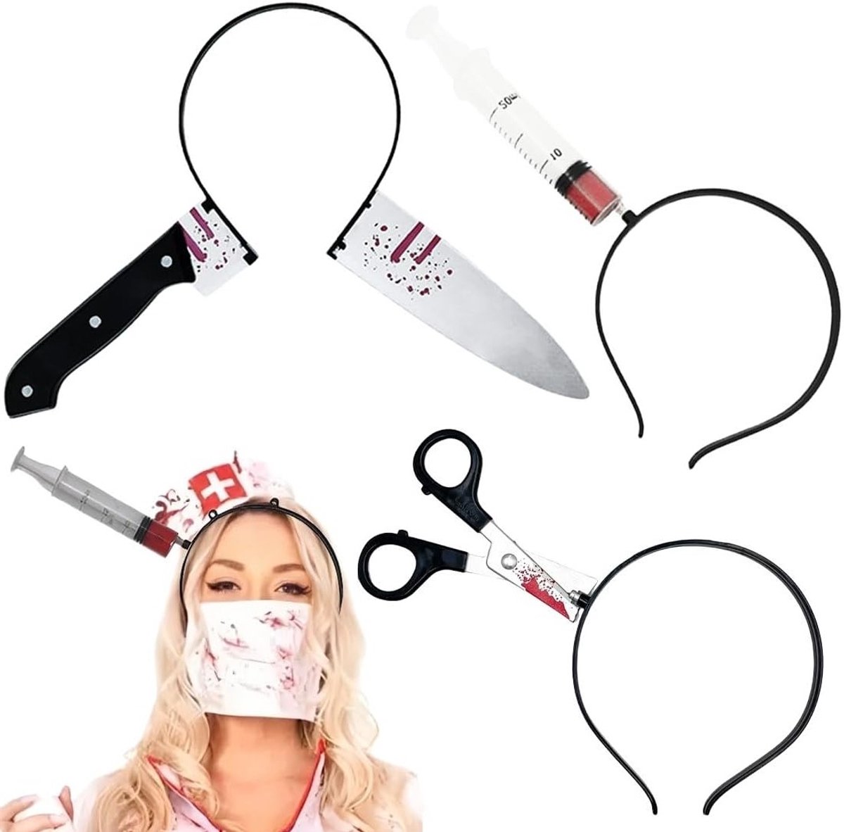 Creepy Halloween Hoofdband Set met Bloedige Schaar, Spuit en Mes voor Kostuums, Carnaval en Cosplay
