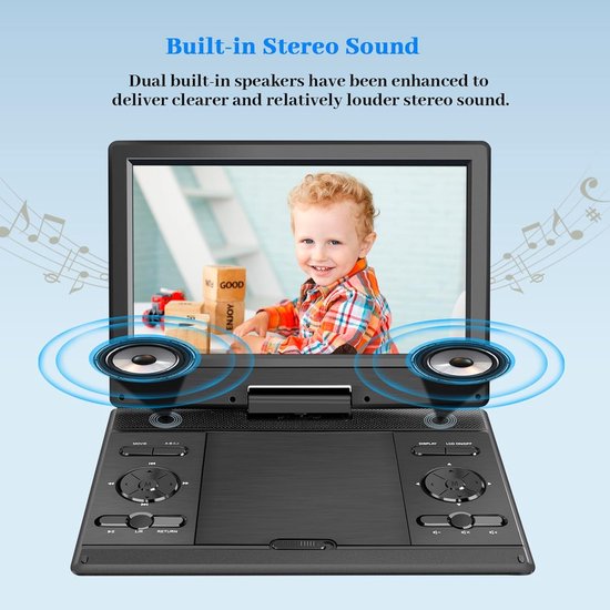 Draagbare DVD Speler 14,9 Inch - 12,1" HD Scherm - Oplaadbaar - USB & SD - TV Synchronisatie - Zwart — afbeelding 2