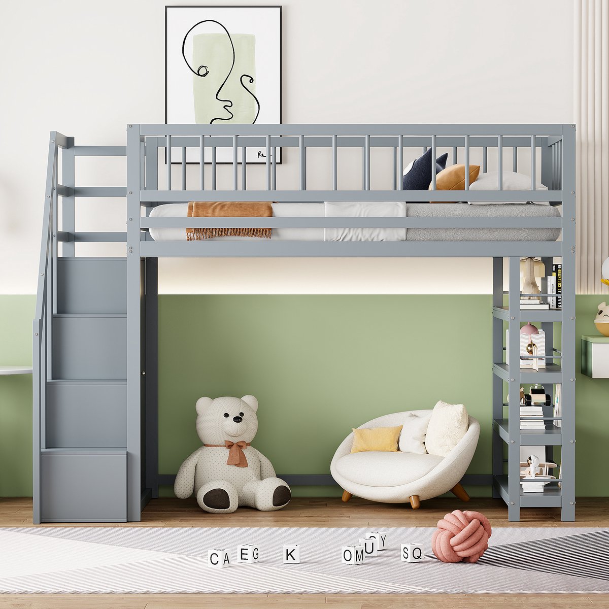 VVBV Hoogslaper 90x200 / Hoogslaper met kast / Kinder hoogslaper – met Kledingkast, Opbergrekken, Opbergruimte, Ladder – Massief Hout – Grijs Grey
