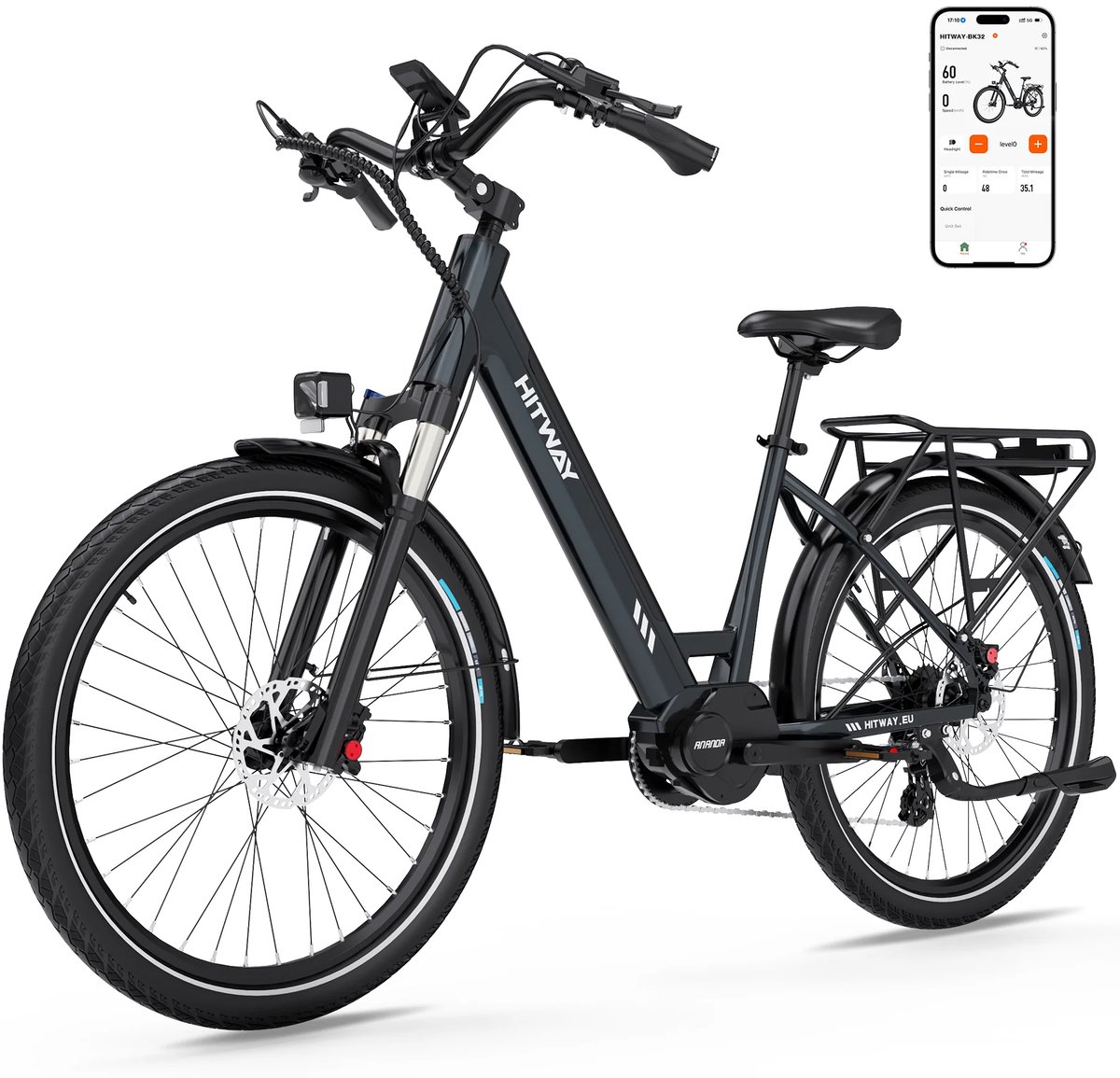 Hitway Elektrische Fiets BK16 - Trendy 26*3.0 Inch City Commuter EBike met Afneembare 48V 18Ah Lithium Batterij - Mountain E-Bike met 250W Motor - 7 Versnellingen - IP54 Waterdicht