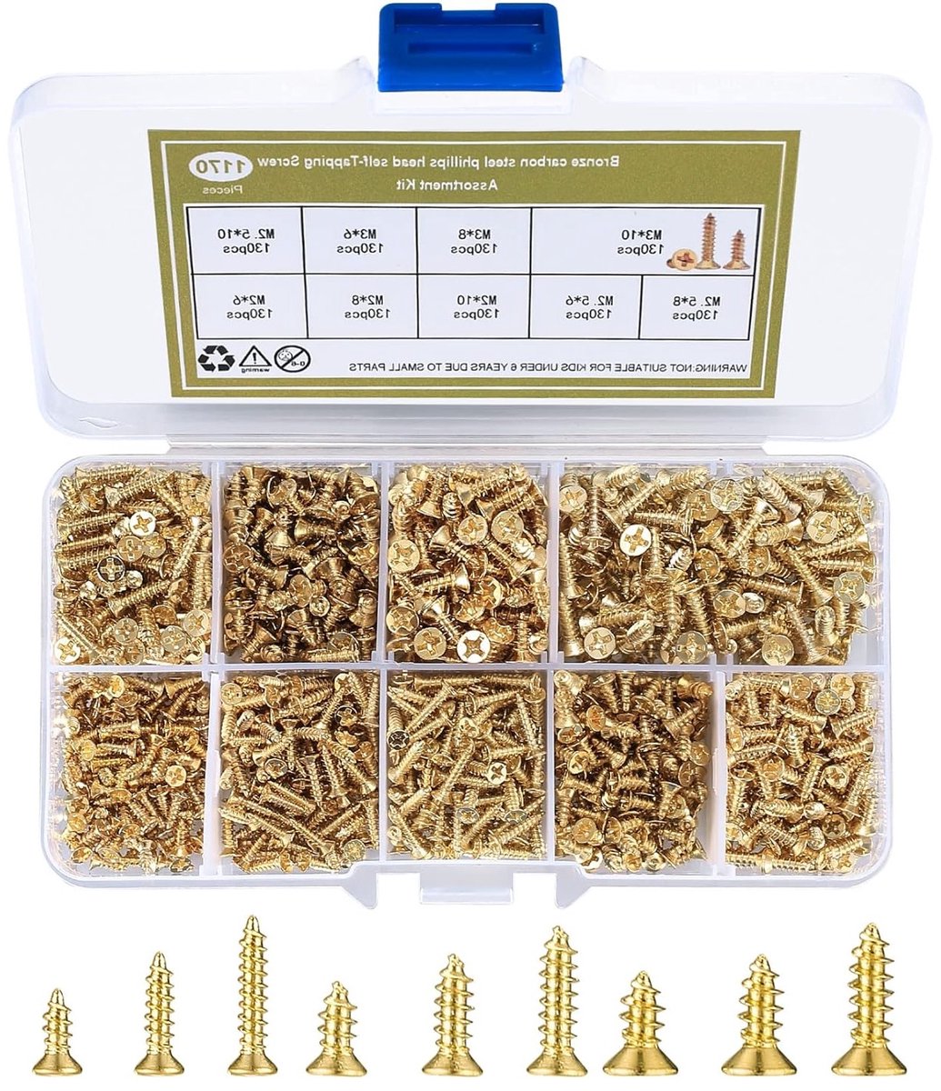Kleine schroeven set van 1170 stuks, inclusief kruiskopschroeven, platte kop schroeven en zelftappende schroeven voor hout, M2, M2.5, M3, ideaal voor hobby en klussen