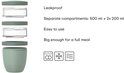 Exploded view van een groene Mepal lunchpot met deksels en twee compartimenten. Tekst geeft aan: Lekdicht, aparte compartimenten, makkelijk te gebruiken, groot genoeg voor een maaltijd.