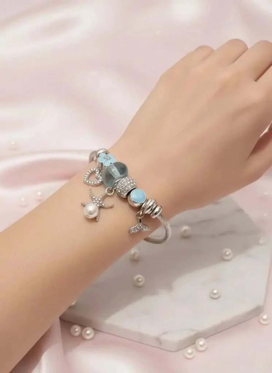 Dorvina 316L Roestvrij Staal Verstelbaar Zirkonia Zilverkleurig Blauw Steen met Bedel Armband