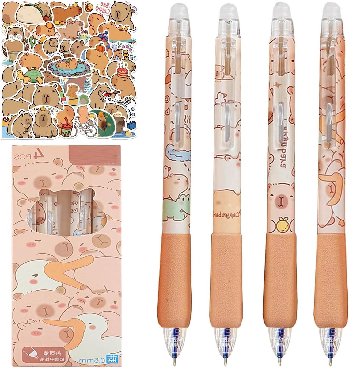 Capybara Pen Set met 4 Uitwisbare Pennen en 50 Stickers, 0.5mm Blauw Inkt voor School en Kantoor, Perfect Cadeau voor Capybara Fans