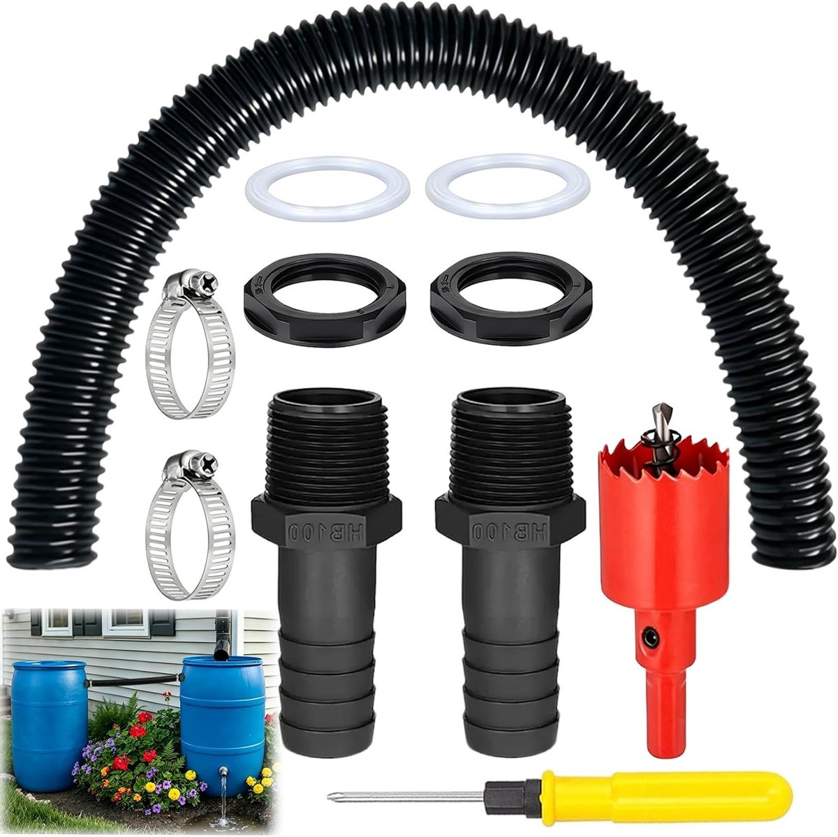 Regenton verbindingsset voor regenwaterafvoer, overloop, 1 inch slang, tonnen en watertanks, 100 cm lengte