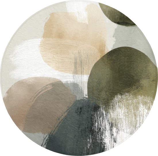 Badmat rond 70x70 cm - Antislip - Minimalistisch - Cirkels - Penseelstreken - Beige - Badmatten voor badkamer - Badkamermat - Douchemat - Ronde badkamer mat