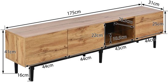 Afmetingen van het licht eikenhouten tv-meubel: 175cm breed, 41cm hoog, 31cm diep, met 3 deuren en open vak.