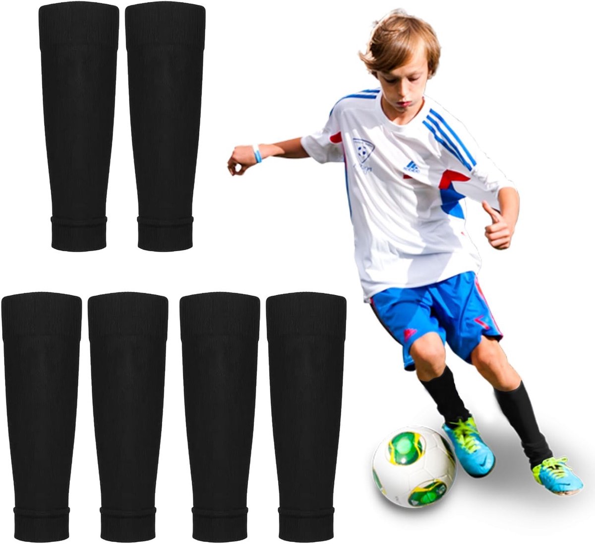 3 Paar Kinder Voetbal Scheenbeschermers Mouwen, Elastische Voetbalsokken, Zwarte Team Mouwen Geschikt voor Scheenbeschermers, Ideaal voor Beginners en Wedstrijden