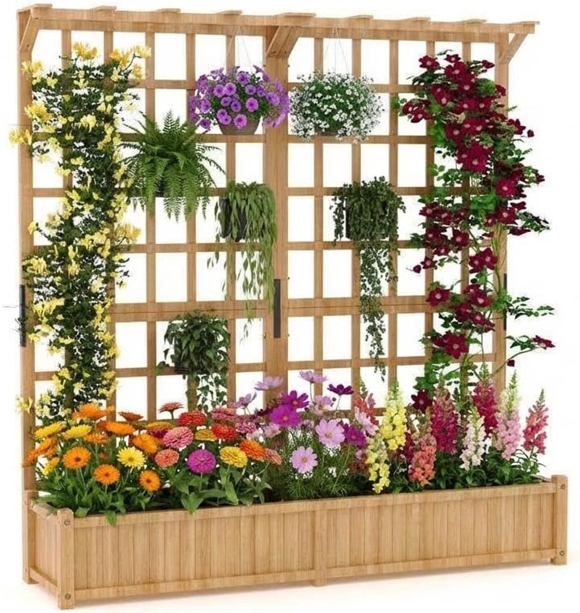 Houten verhoogde plantenbak met 2 niveaus, klimrek en dak - 124 x 41 x 160 cm - plantenbak met 8 afwateringsgaten - voor groenten, kruiden en bloemen - balkon, terras en tuin