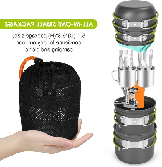 Meerdelige Camping Pannenset met Ultralichte Brander - Aluminium Koekenpan en Compact Kampeergerei, Duurzame Outdoor Kookset voor Wandelen, Vissen en Kamperen — afbeelding 3