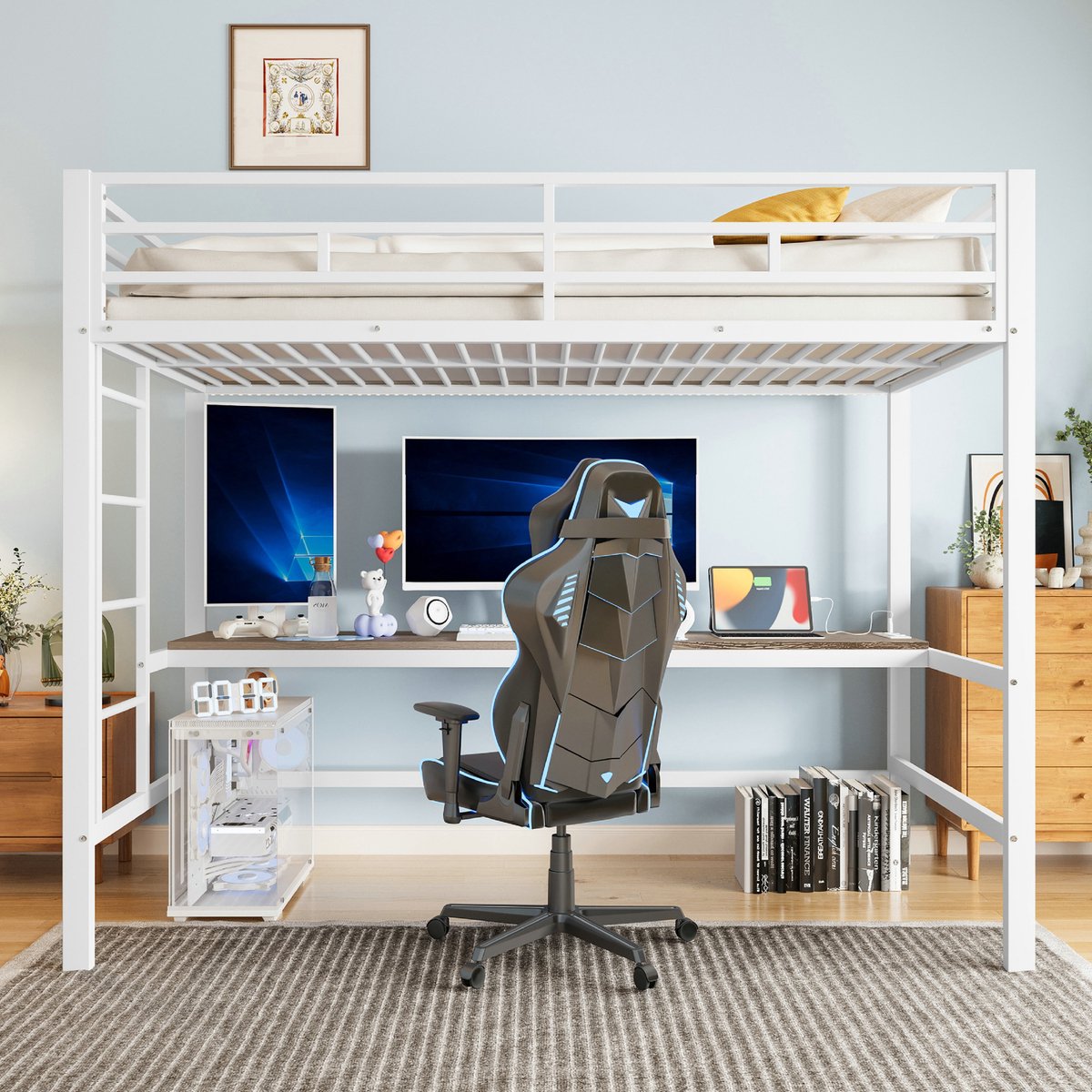 VVBV Hoogslaper 90x200 / Kinder hoogslaper – Metalen Frame – met Trap, LED-Verlichting, USB, USB-C, Ladder – Metaal – Wit – Zonder Matras