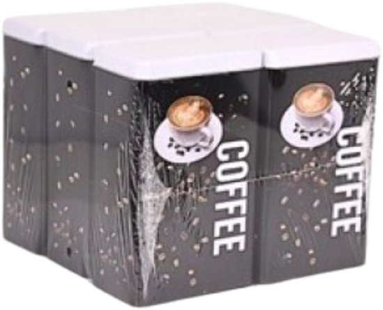 Twee zwarte koffieblikken met witte deksels, in plastic verpakt. Elk blik heeft "COFFEE" op de zijkant met een kopje koffie.