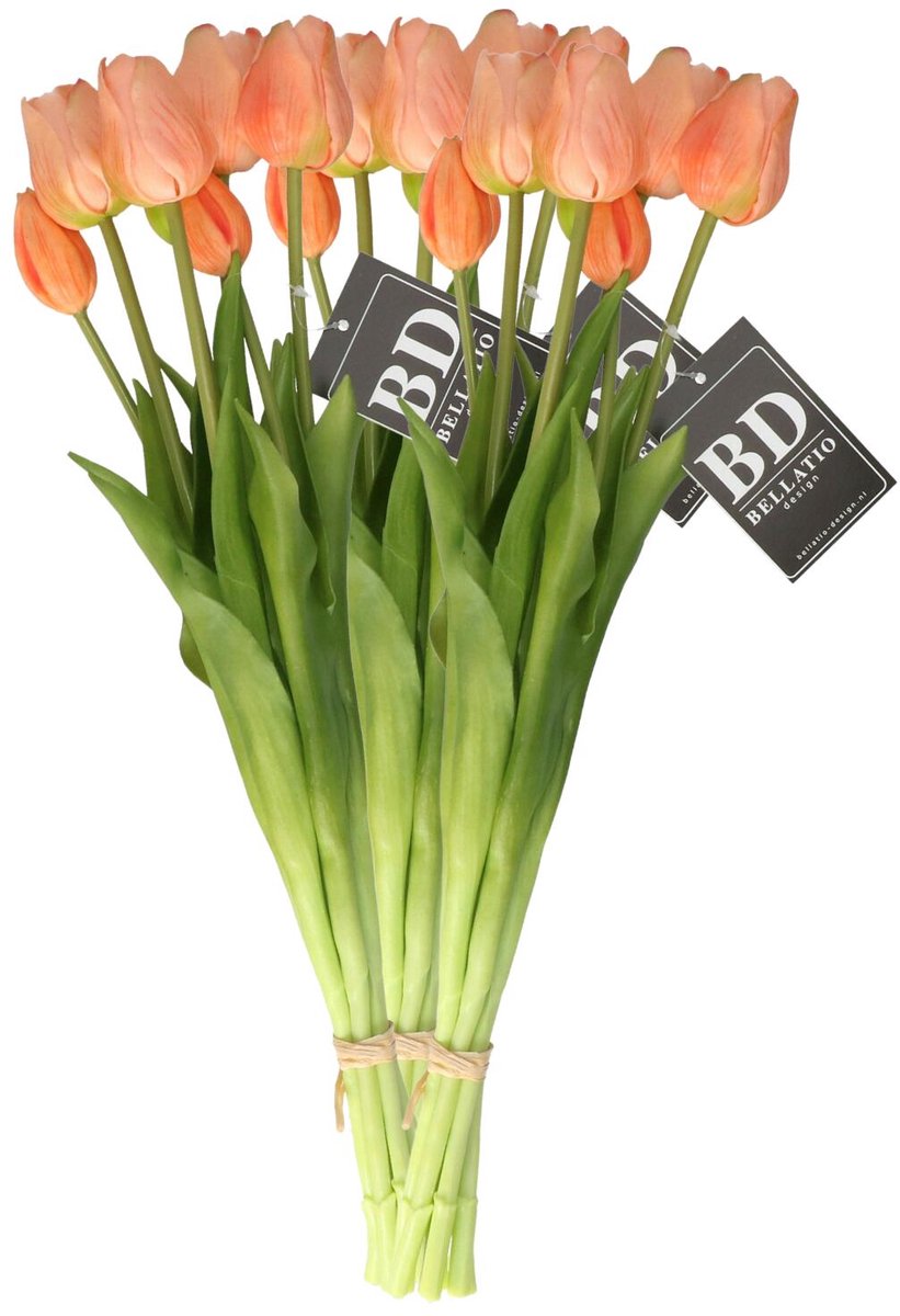 Bellatio Design Kunst tulpen boeket Sally - 21x stuks - zalm kleur - real touch - 47 cm Oudroze