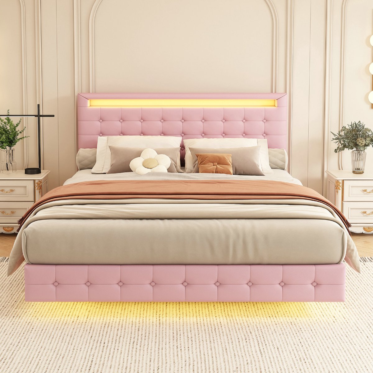 VVBV Tweepersoonsbed 140x200 / Bedframe 140 x 200 – met Hoofdbord en LED – met LED-Verlichting, Lattenbodem – In Hoogte Verstelbaar Hoofdbord – Roze Rose