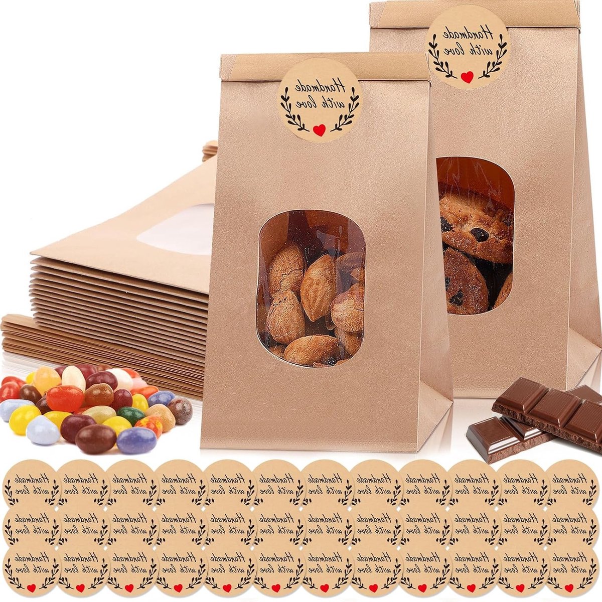Kraft papieren zakken met venster, 25 stuks, 25 x 15.5 x 7 cm, ideaal voor voedsel, geschenken en decoratie