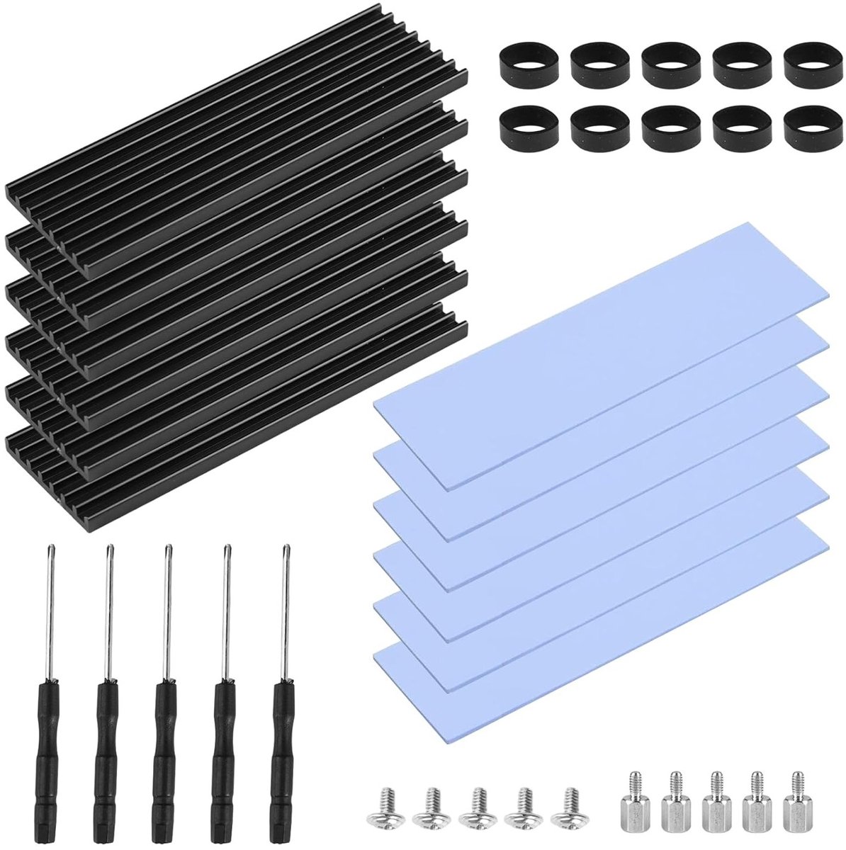 5 Sets M2 SSD Koellichamen met Siliconen Warmtegeleidingspads, Aluminium Koeler voor 2280 M.2 SSD, Efficiënte Warmteafvoer voor Laptop, PC en Gaming Consoles