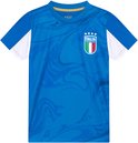 Blauw voetbalshirt met marmerprint, Italiaans embleem op de borst en witte mouwaccenten.