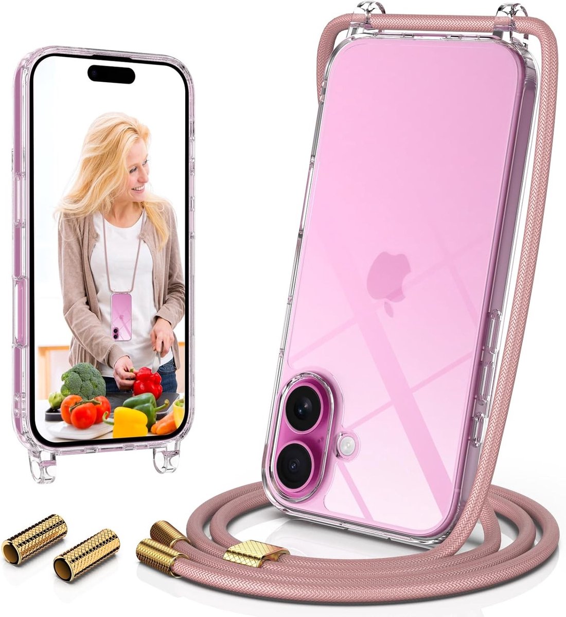 Transparante Beschermcase met Lanyard voor iPhone 16, Verstelbare Schouderband en Kleurige Ketting in Roze en Goud
